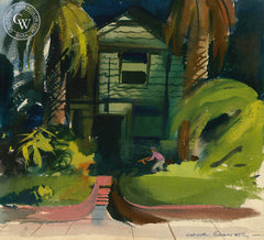 War in a California Yard, 1943, California art by Hardie Gramatky. HD giclee art prints for sale at CaliforniaWatercolor.com - original California paintings, & premium giclee prints for sale