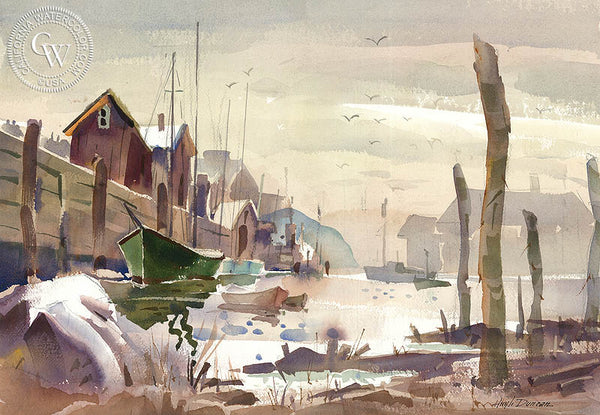 Boat Dock, California art by Hugh Duncan. HD giclee art prints for sale at CaliforniaWatercolor.com - original California paintings, & premium giclee prints for sale
