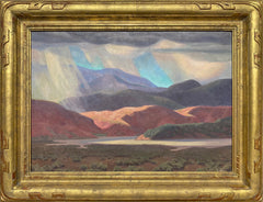 Thunder Showers, Dry Lake by Oscar Galgiani. An original oil painting. The original work of art is an oil on board, it's in great condition and is adorned in a hand carved gold leaf frame. California Watercolor, CaliforniaWatercolor.com