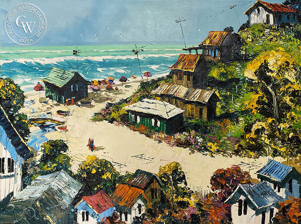 Morning in Crystal Cove, 1970, California art by Paul Blaine Henrie. Palette knife oil painting.