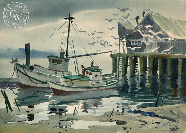Boat Dock, California art by Ralph Hulett. HD giclee art prints for sale at CaliforniaWatercolor.com - original California paintings, & premium giclee prints for sale
