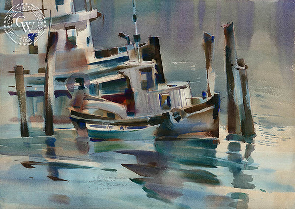 Under the Bridge, La Conner, 1979, California art by Rex Brandt. HD giclee art prints for sale at CaliforniaWatercolor.com - original California paintings, & premium giclee prints for sale.