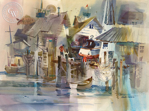 Gregarious Wharves, 1975, California art by Robert E. Wood. HD giclee art prints for sale at CaliforniaWatercolor.com - original California paintings, & premium giclee prints for sale
