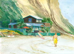 Surfers at Crystal Cove, California art by Steve Santmyer. HD giclee art prints for sale at CaliforniaWatercolor.com - original California paintings, & premium giclee prints for sale