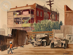 East 5th Street, 1948, California art by Al Kaelin. HD giclee art prints for sale at CaliforniaWatercolor.com - original California paintings, & premium giclee prints for sale