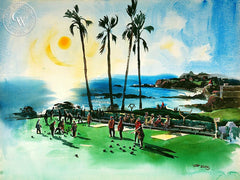 Bowling on the Green, 1950, California art by Art Riley. HD giclee art prints for sale at CaliforniaWatercolor.com - original California paintings, & premium giclee prints for sale