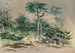 Deer in Forest (Carmel, CA), California art by Art Riley. HD giclee art prints for sale at CaliforniaWatercolor.com - original California paintings, & premium giclee prints for sale