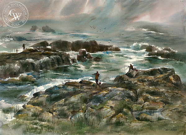 Fisherman at 17 Mile Drive, California art by Art Riley. HD giclee art prints for sale at CaliforniaWatercolor.com - original California paintings, & premium giclee prints for sale