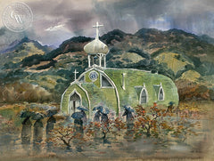 Madonna del Carmine, c. 1940's, California art by Art Riley. HD giclee art prints for sale at CaliforniaWatercolor.com - original California paintings, & premium giclee prints for sale