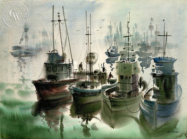 Fishing Fleet (Monterey), California art by Art Riley. HD giclee art prints for sale at CaliforniaWatercolor.com - original California paintings, & premium giclee prints for sale