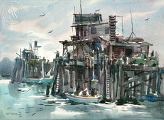 Pier Side, California art by Art Riley. HD giclee art prints for sale at CaliforniaWatercolor.com - original California paintings, & premium giclee prints for sale