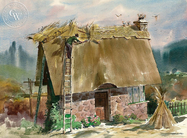 Thatching the House, California art by Art Riley. HD giclee art prints for sale at CaliforniaWatercolor.com - original California paintings, & premium giclee prints for sale