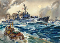 Fleet Maneuvers, U.S.S. John Paul Jones, 1960, California art by Arthur Beaumont. HD giclee art prints for sale at CaliforniaWatercolor.com - original California paintings, & premium giclee prints for sale