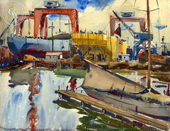 Harbor Scene, California art by Arthur Beaumont. HD giclee art prints for sale at CaliforniaWatercolor.com - original California paintings, & premium giclee prints for sale
