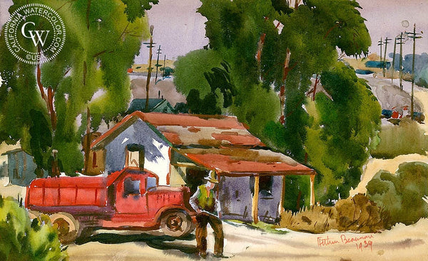 The Red Truck, 1939, California art by Arthur Beaumont. HD giclee art prints for sale at CaliforniaWatercolor.com - original California paintings, & premium giclee prints for sale