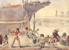 Mending Nets, California art by Ben Messick. HD giclee art prints for sale at CaliforniaWatercolor.com - original California paintings, & premium giclee prints for sale