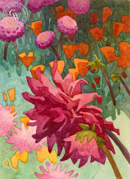 August Dahlia, 2017, a California watercolor painting by Carolyn Lord. HD giclee art prints for sale at CaliforniaWatercolor.com - original California paintings, & premium giclee prints for sale