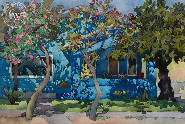 Cool Blue Porch, 1983, California art by Carolyn Lord. HD giclee art prints for sale at CaliforniaWatercolor.com - original California paintings, & premium giclee prints for sale