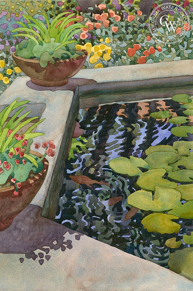 Garden Oasis, 2002, a California watercolor painting by Carolyn Lord. HD giclee art prints for sale at CaliforniaWatercolor.com - original California paintings, & premium giclee prints for sale
