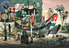 Boat in Malaya, 1955, California watercolor art by Dong Kingman. HD giclee art prints for sale at CaliforniaWatercolor.com - original California paintings, & premium giclee prints for sale