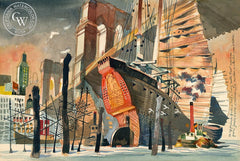 Junks Under the Brooklyn Bridge, 1952, California art by Dong Kingman. HD giclee art prints for sale at CaliforniaWatercolor.com - original California paintings, & premium giclee prints for sale