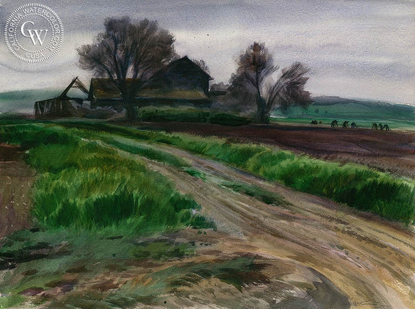 Harvesters at Sundown, 1944, California art by Emil Kosa Jr.. HD giclee art prints for sale at CaliforniaWatercolor.com - original California paintings, & premium giclee prints for sale