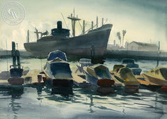 Boats, San Pedro Harbor, 1946, California art by Emil Kosa Jr.. HD giclee art prints for sale at CaliforniaWatercolor.com - original California paintings, & premium giclee prints for sale