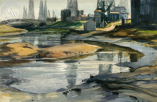 Oil Pond Near Playa Del Rey, c. 1930's, California art by Emil Kosa Jr.. HD giclee art prints for sale at CaliforniaWatercolor.com - original California paintings, & premium giclee prints for sale