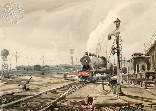 Train Yard, a California watercolor painting by Emil Kosa Jr.. HD giclee art prints for sale at CaliforniaWatercolor.com - original California paintings, & premium giclee prints for sale
