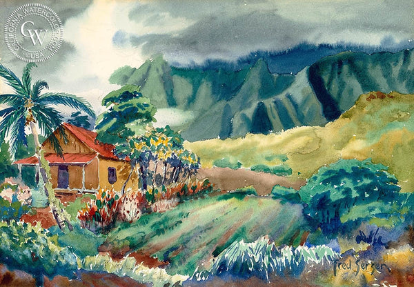 Hawaiian Palms, California art by Fred Sersen. HD giclee art prints for sale at CaliforniaWatercolor.com - original California paintings, & premium giclee prints for sale