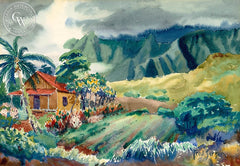 Hawaiian Palms, California art by Fred Sersen. HD giclee art prints for sale at CaliforniaWatercolor.com - original California paintings, & premium giclee prints for sale
