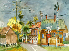 Rail Road Crossing, c. 1950, California art by Gerald Collins Gleeson. HD giclee art prints for sale at CaliforniaWatercolor.com - original California paintings, & premium giclee prints for sale