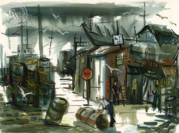 The Wharf, 1952, California art by Gerald Collins Gleeson. HD giclee art prints for sale at CaliforniaWatercolor.com - original California paintings, & premium giclee prints for sale