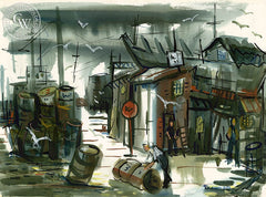 The Wharf, 1952, California art by Gerald Collins Gleeson. HD giclee art prints for sale at CaliforniaWatercolor.com - original California paintings, & premium giclee prints for sale