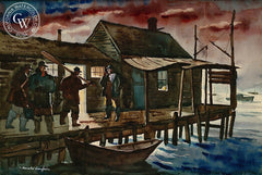 At the Dock, c. 1930's, California art by Harold "Hal" Lanfair. HD giclee art prints for sale at CaliforniaWatercolor.com - original California paintings, & premium giclee prints for sale