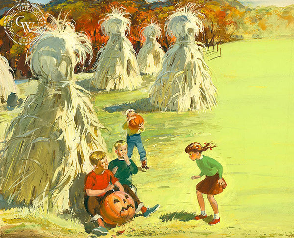 Cornstalks and Pumpkins, 1952, California art by Hardie Gramatky, the front cover illustration for Reader's Digest, 1952. HD giclee art prints for sale at CaliforniaWatercolor.com - original California paintings, & premium giclee prints for sale
