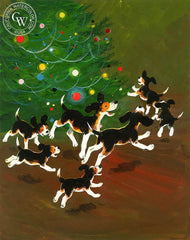 Joyful Beagles around the Tree, 1970, California art by Hardie Gramatky. HD giclee art prints for sale at CaliforniaWatercolor.com - original California paintings, & premium giclee prints for sale