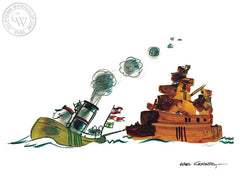 Little Toot Pulling Barge, 1939, California art by Hardie Gramatky. HD giclee art prints for sale at CaliforniaWatercolor.com - original California paintings, & premium giclee prints for sale