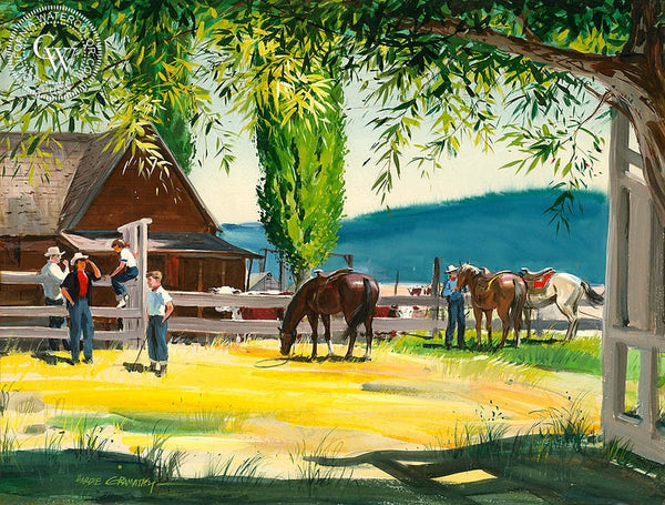 Oregon Ranch in Summer, 1951, California art by Hardie Gramatky. HD giclee art prints for sale at CaliforniaWatercolor.com - original California paintings, & premium giclee prints for sale