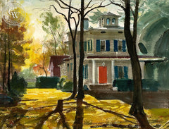 Red Door on Bridge Street, (Westport), 1963, California art by Hardie Gramatky. HD giclee art prints for sale at CaliforniaWatercolor.com - original California paintings, & premium giclee prints for sale