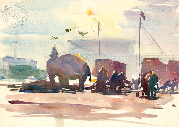 Setting up the Circus, 1928, California art by Hardie Gramatky. HD giclee art prints for sale at CaliforniaWatercolor.com - original California paintings, & premium giclee prints for sale