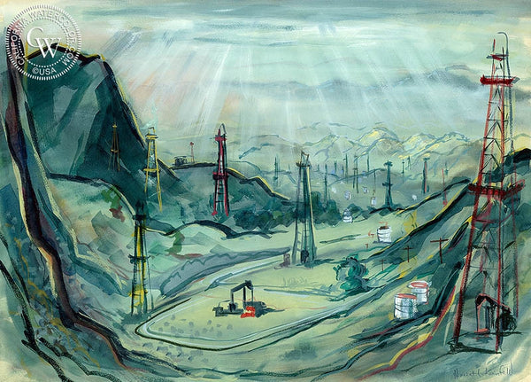 Oil Field, California art by Herbert L. Kornfeld. HD giclee art prints for sale at CaliforniaWatercolor.com - original California paintings, & premium giclee prints for sale
