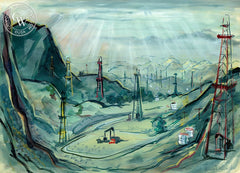Oil Field, California art by Herbert L. Kornfeld. HD giclee art prints for sale at CaliforniaWatercolor.com - original California paintings, & premium giclee prints for sale