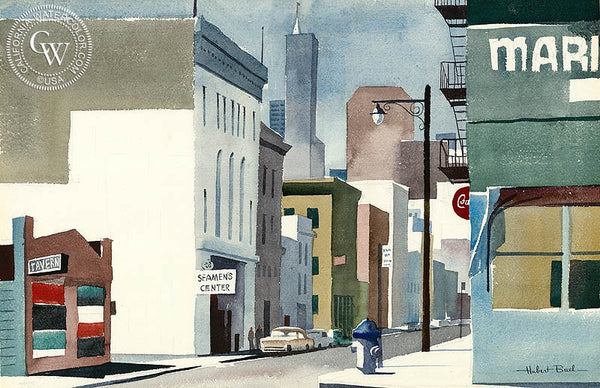 Downtown, California art by Hubert Buel. HD giclee art prints for sale at CaliforniaWatercolor.com - original California paintings, & premium giclee prints for sale