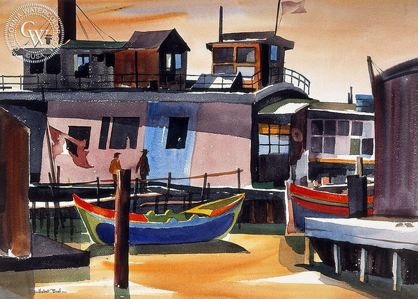 Sausalito, 1950, California art by Hubert Buel. HD giclee art prints for sale at CaliforniaWatercolor.com - original California paintings, & premium giclee prints for sale