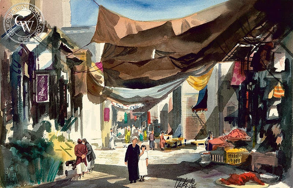 Market Scene, California art by Jake Lee. HD giclee art prints for sale at CaliforniaWatercolor.com - original California paintings, & premium giclee prints for sale