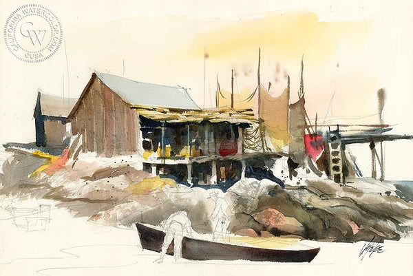 Jake Lee - Monterey Fisherman, 1974, California art, original California watercolor art for sale, fine art print for sale, giclee watercolor print - CaliforniaWatercolor.com