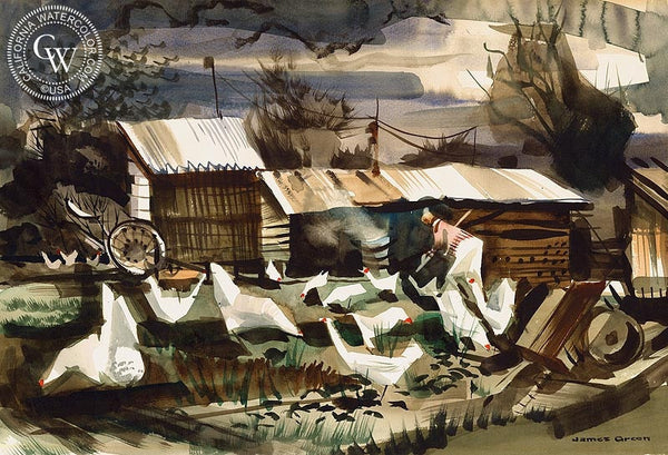 Feeding the Chickens, California art by James Green. HD giclee art prints for sale at CaliforniaWatercolor.com - original California paintings, & premium giclee prints for sale