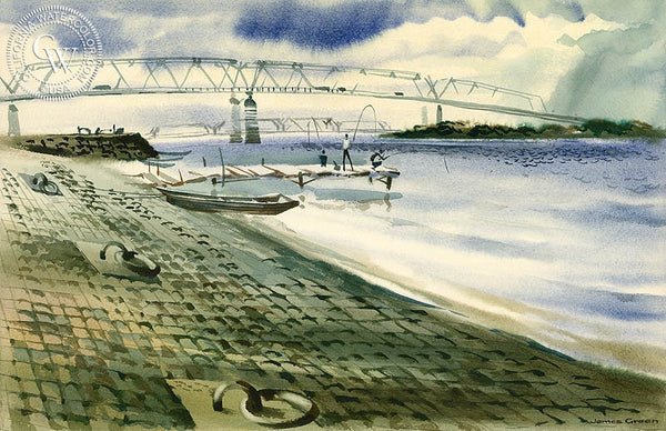Man Made Beach, Mississippi, California art by James Green. HD giclee art prints for sale at CaliforniaWatercolor.com - original California paintings, & premium giclee prints for sale