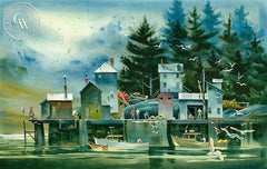 The Fishing Dock, Deer Isle Maine, California art by James Green. HD giclee art prints for sale at CaliforniaWatercolor.com - original California paintings, & premium giclee prints for sale